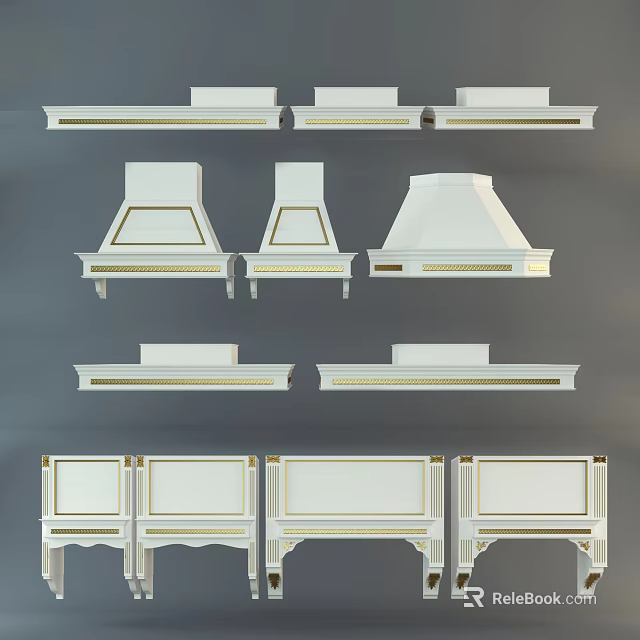 Various White Kitchen Range Hood And Cabinet Components Design 3d model