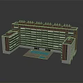 Multi Storey Office Building With Red And White Exterior And Central Swimming Pool