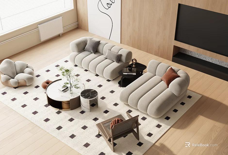 Light Gray Modern Sofa Coffee Table Set with Round Table Geometric Rug and Minimalist Art 3d model 
