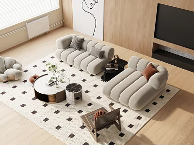 Light Gray Modern Sofa Coffee Table Set with Round Table Geometric Rug and Minimalist Art 3d model