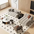 Light Gray Modern Sofa Coffee Table Set with Round Table Geometric Rug and Minimalist Art 3d model