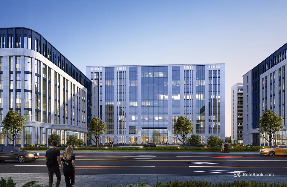 Aerial Planning of Modern Office Complexes With Glass Curtain Walls Green Areas and Urban Street View 3d model 