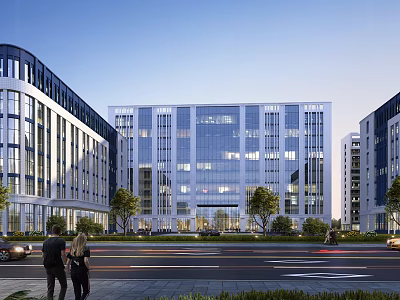 Aerial Planning of Modern Office Complexes With Glass Curtain Walls Green Areas and Urban Street View 3d model