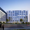 Aerial Planning of Modern Office Complexes With Glass Curtain Walls Green Areas and Urban Street View