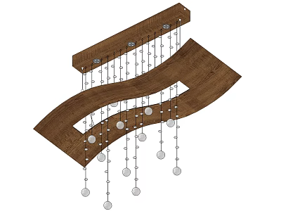 Wooden Curved Chandelier Design With Hanging Spheres And Decorative Wooden Elements 3d model
