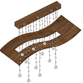 Wooden Curved Chandelier Design With Hanging Spheres And Decorative Wooden Elements
