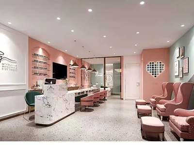 Shopping Mall Nail Salon With Pink Walls Marble Counter Comfortable Pink Chairs And Decorative Paintings 3d model