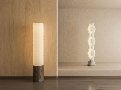Modern Minimalist Interior With Cylindrical Floor Lamp Wooden Base And Wave Shaped White Shade 3d model