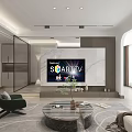 Modern Living and Dining Area Interior With Gray Sofa Marble Coffee Table TV And Large Windows