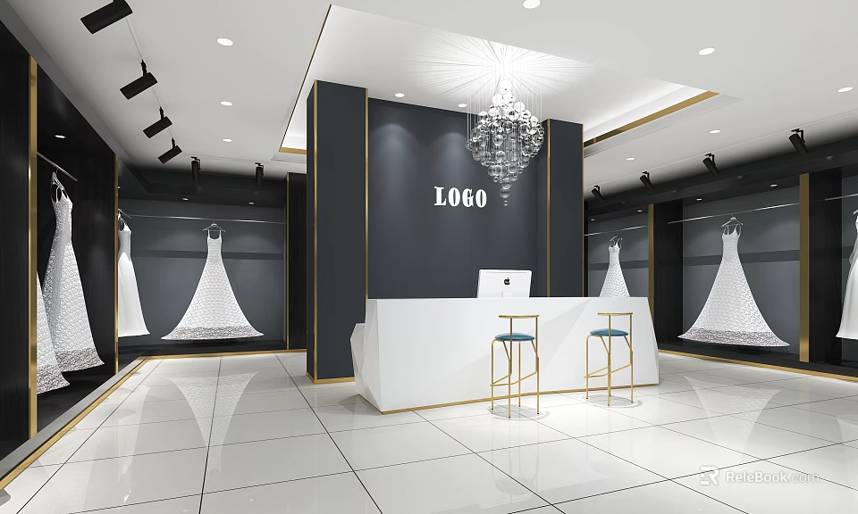 Modern Bridal Shop Interior With Hanging Wedding Dresses White Reception Counter And Chandelier 3d model 