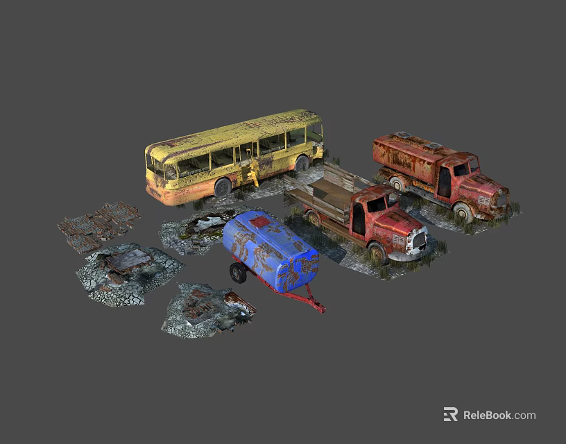 Abandoned Rusty Vehicle Scene Components With Old Yellow Bus Red Trucks Blue Trailer And Parts 3d model 