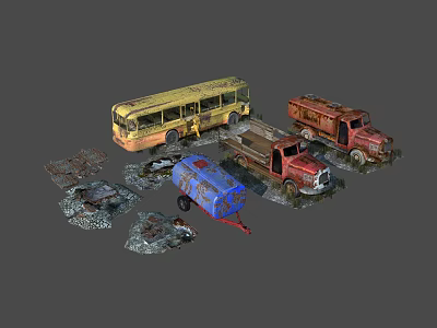 Abandoned Rusty Vehicle Scene Components With Old Yellow Bus Red Trucks Blue Trailer And Parts 3d model