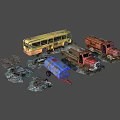 Abandoned Rusty Vehicle Scene Components With Old Yellow Bus Red Trucks Blue Trailer And Parts