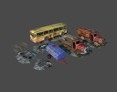 Abandoned Rusty Vehicle Scene Components With Old Yellow Bus Red Trucks Blue Trailer And Parts 3d model