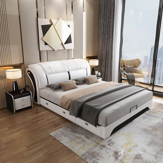 Elegant White Double Bed with Upholstered Headboard in Modern Bedroom Featuring City View and Nightstands 3d model 