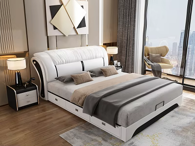 Elegant White Double Bed with Upholstered Headboard in Modern Bedroom Featuring City View and Nightstands 3d model