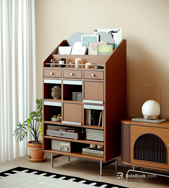 Wooden Decorative Cabinet Featuring Drawers Shelves With Vinyl Records Photo Frames Candles And Storage Baskets 3d model 