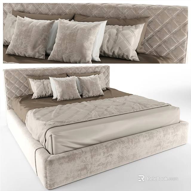 Modern Double Bed with Diamond Tufted Headboard Multiple Pillows and Plush Comforter 3d model 