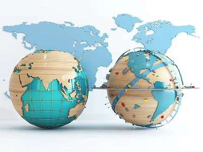 Creative Decorative Ornament Set with Wooden Globe Decorations and Blue World Map Outline Background 3d model