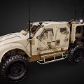 Armored Military Off-Road Vehicle With Large Tires Beige Antennas Worn Metal Frame And Side Windows