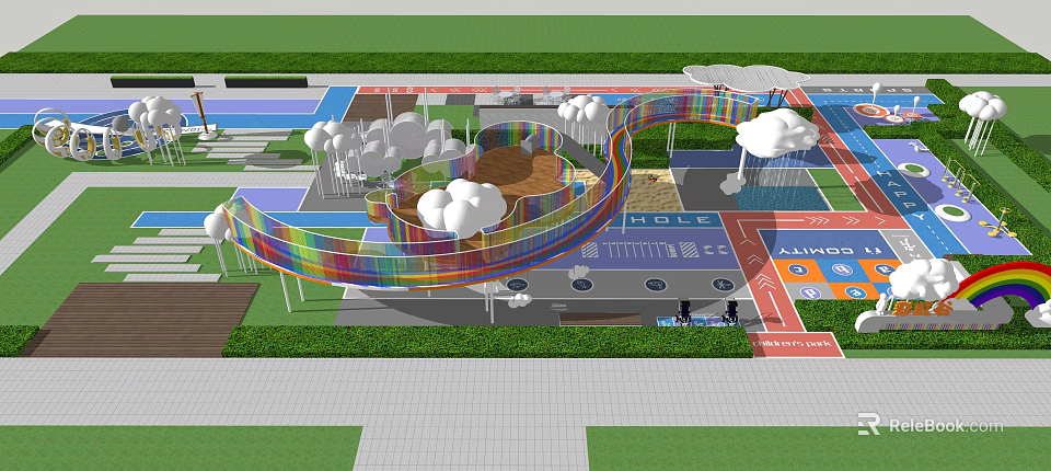 Colorful Children's Playground Featuring Rainbow Slides Cloud Shapes And Play Areas 3d model 