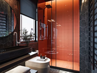Modern Bathroom Interior With Orange Tiled Shower Glass Door Black Hexagonal Walls And Round Mirror 3d model