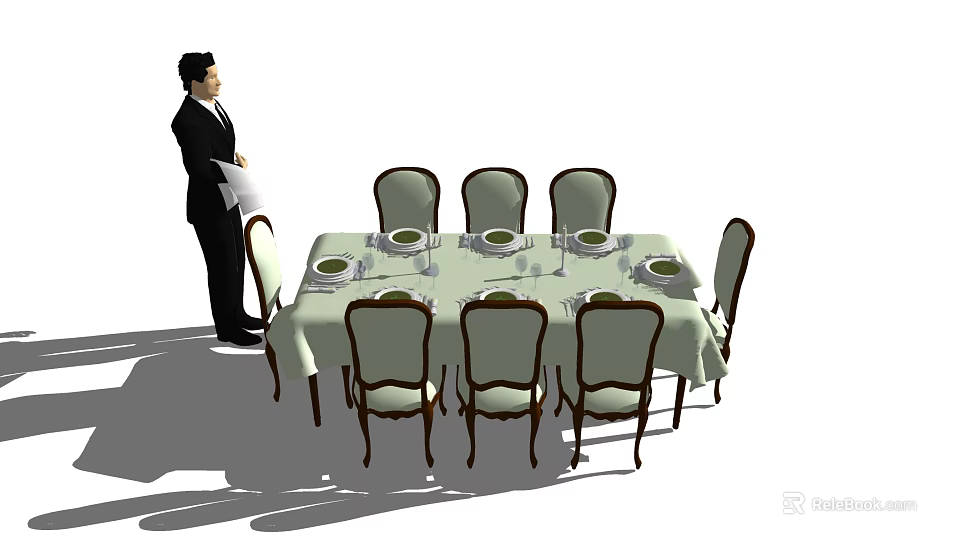 Elegant Dining Table Set with Tablecloth Chairs and Tableware for Service 3d model 