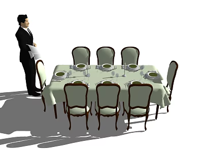 Elegant Dining Table Set with Tablecloth Chairs and Tableware for Service 3d model