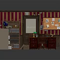 Vintage Office Interior With Striped Wallpaper Window Blinds Bookshelf Desk Refrigerator And Bulletin Board