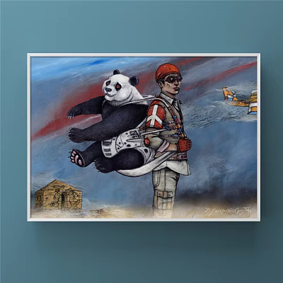 Animal Painting Featuring Panda And Person With Red Hat Small House And Blue Sky 3d model