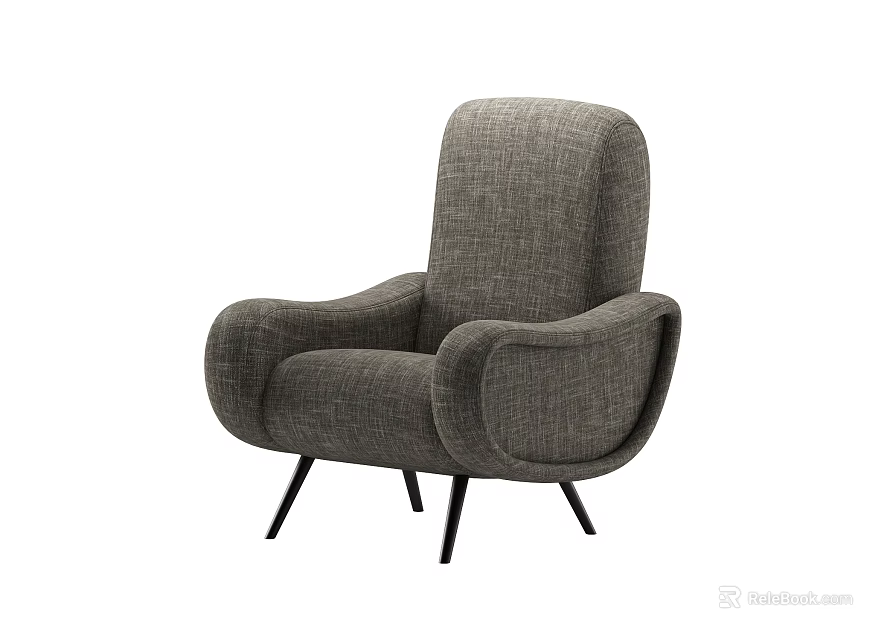 Modern Gray Fabric Single Sofa With Curved Armrests And Black Legs 3d model 
