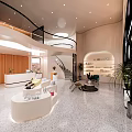 Elegant Modern Boutique Store With Curved Design Open Space Product Shelves And Marble Countertop