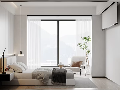 Modern Minimalist Bedroom Interior With Large Window White Bed And Green Plant 3d model