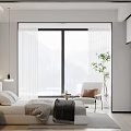 Modern Minimalist Bedroom Interior With Large Window White Bed And Green Plant