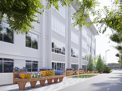 White Building Exterior With Large Windows Green Trees Flower Beds Wooden Benches And Path 3d model