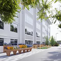 White Building Exterior With Large Windows Green Trees Flower Beds Wooden Benches And Path