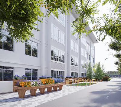 White Building Exterior With Large Windows Green Trees Flower Beds Wooden Benches And Path 3d model