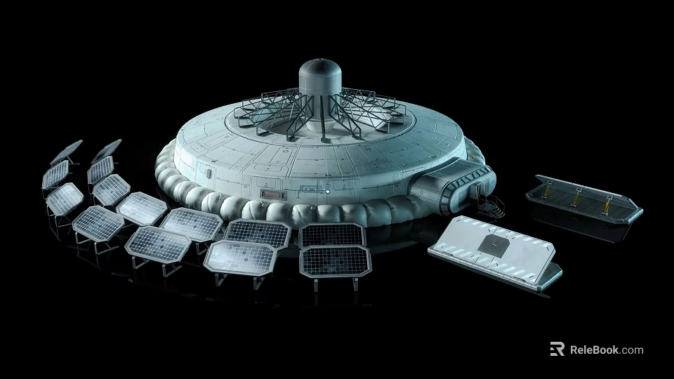 Sci Fi Futuristic Circular Structure With Top Tower And Surrounding Square Panels 3d model