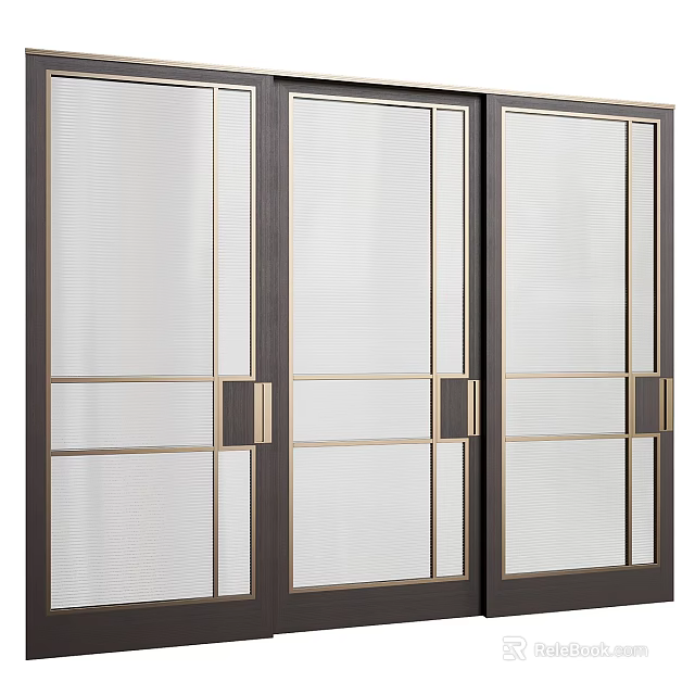 Modern Sliding Doors With Dark Frame Glass Vertical Striped Texture And Gold Accents 3d model 