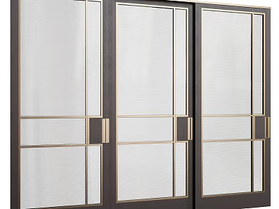 Modern Sliding Doors With Dark Frame Glass Vertical Striped Texture And Gold Accents 3d model