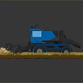 Realistic Blue Combine Harvester Model On Yellow Grass Field With Black Components