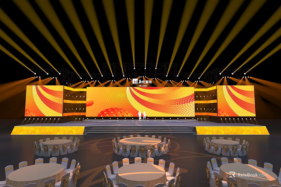 Elegant Stage Setup With Large Screens Yellow Orange Patterns And Round Dining Tables 3d model 