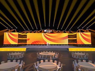 Elegant Stage Setup With Large Screens Yellow Orange Patterns And Round Dining Tables 3d model