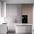 Modern Kitchen Interior With White Cabinets Marble Backsplash Range Hood And Island Counter