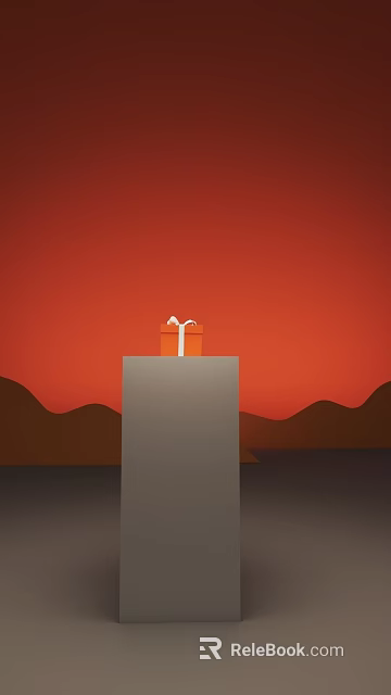 Orange Gift Box On Gray Stand With White Ribbon Against Red Background Brown Mountain Silhouettes 3d model 