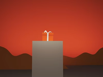 Orange Gift Box On Gray Stand With White Ribbon Against Red Background Brown Mountain Silhouettes 3d model