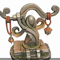 Ancient Ornamental Sculpture With Spiral Carvings Red Ropes And Hanging Lanterns