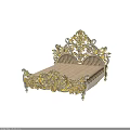 Ornate European Style Double Bed With Gold Carvings White Frame And Light Brown Mattress
