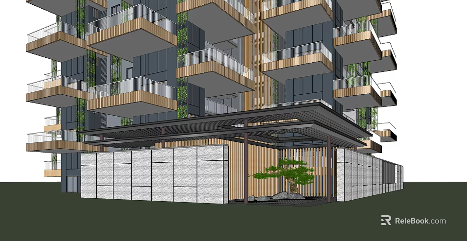Modern High Rise Building Exterior With Glass Facade Wooden Balconies And Stone Entrance Area 3d model 