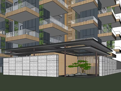 Modern High Rise Building Exterior With Glass Facade Wooden Balconies And Stone Entrance Area 3d model
